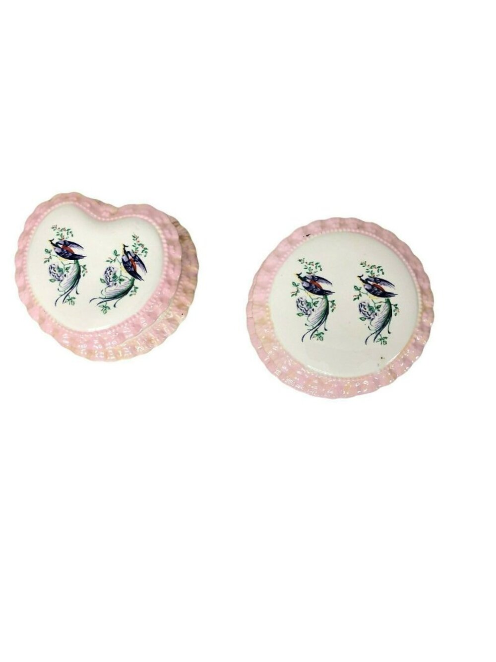 Ceramic Trinket Boxes Heart Shaped & Round with Lids Vintage Pink White Peacocks